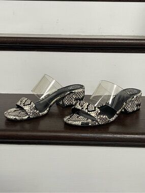 Vince Camuto Black and White Snake-Print Clear Strap Block Heel Mules